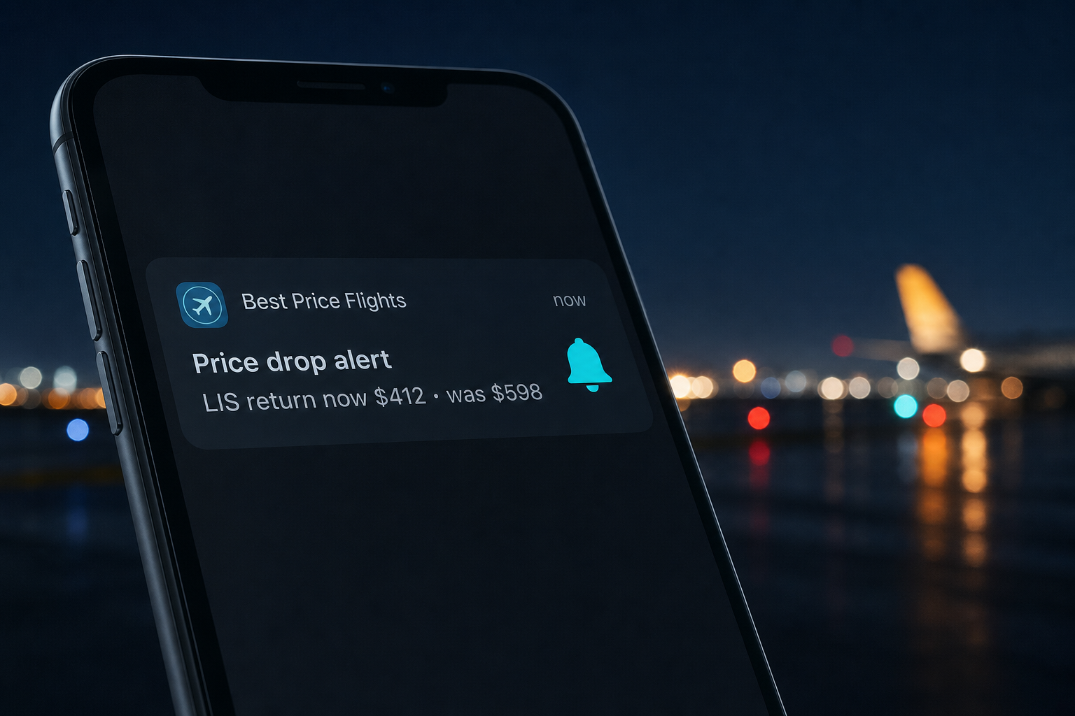 Phone showing a Best Price Flights price-drop notification