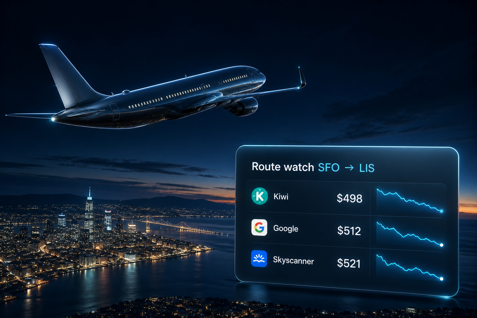 Night flight with a live fare watch comparing prices for SFO to Lisbon
