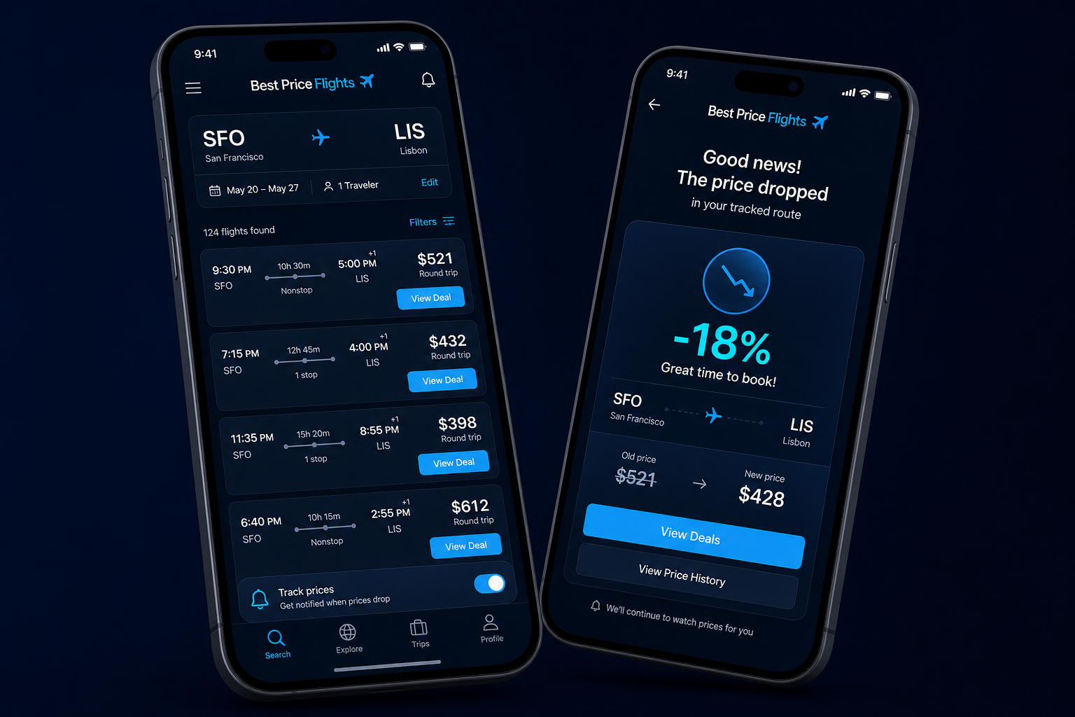 Best Price Flights mobile app showing search results and a price alert